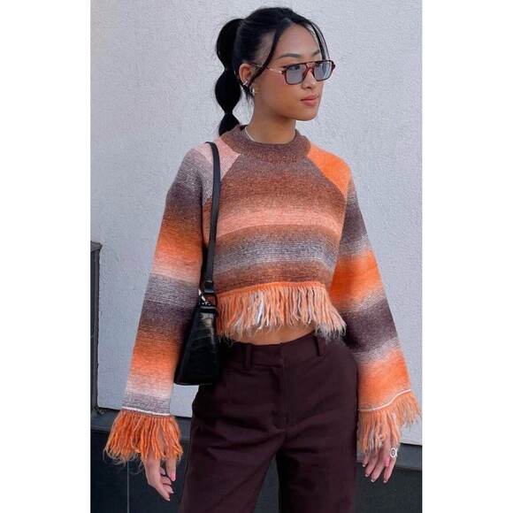 ZARA Boho Cropped Fringe Striped Pull Over Knit Sweater Brown Orange Size Small - Picture 4 of 10